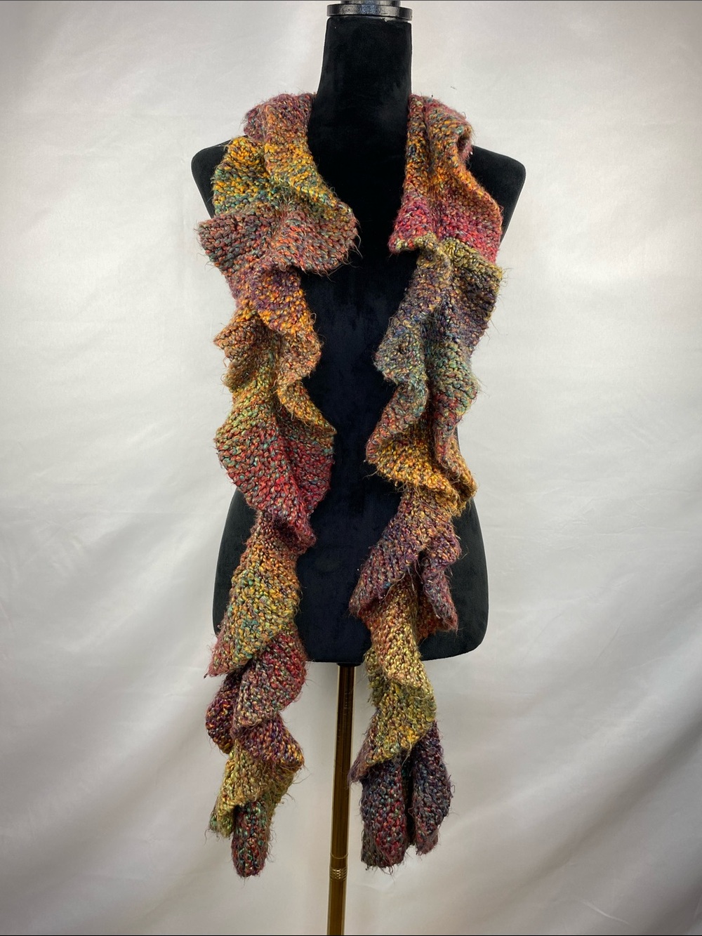 Hand Knit Boho Autumn Multicolor Ruffle Flounce Scarf Artwear Textured Knit 70”
